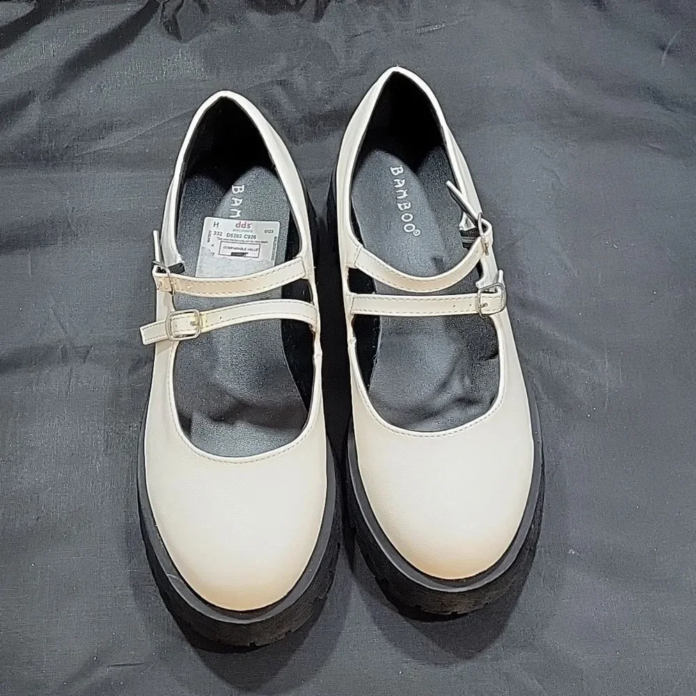 BRAND NEW BAMBOO DOUBLE BUCKLE DECOR FLATFORM MARY JANE SHOES